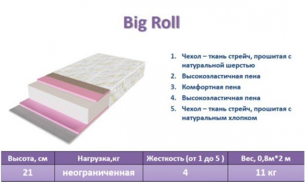 ⏩ Безпружинний матрац Take&Go Big Roll &harr; необмежене навантаження на спальне місце ✅ середня жорсткість + порівняти ціни, опис, відгуки клієнтів... Висота його 21 см ᐅ Матраци БІГ РОЛ купити Недорого у ВИРОБНИКА